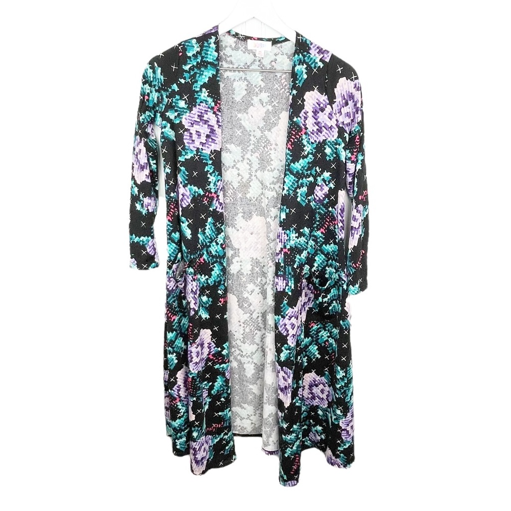 NEW LuLaRoe Sarah Duster Cardigan Kimono Black Floral Cross Stitch Print Size XS